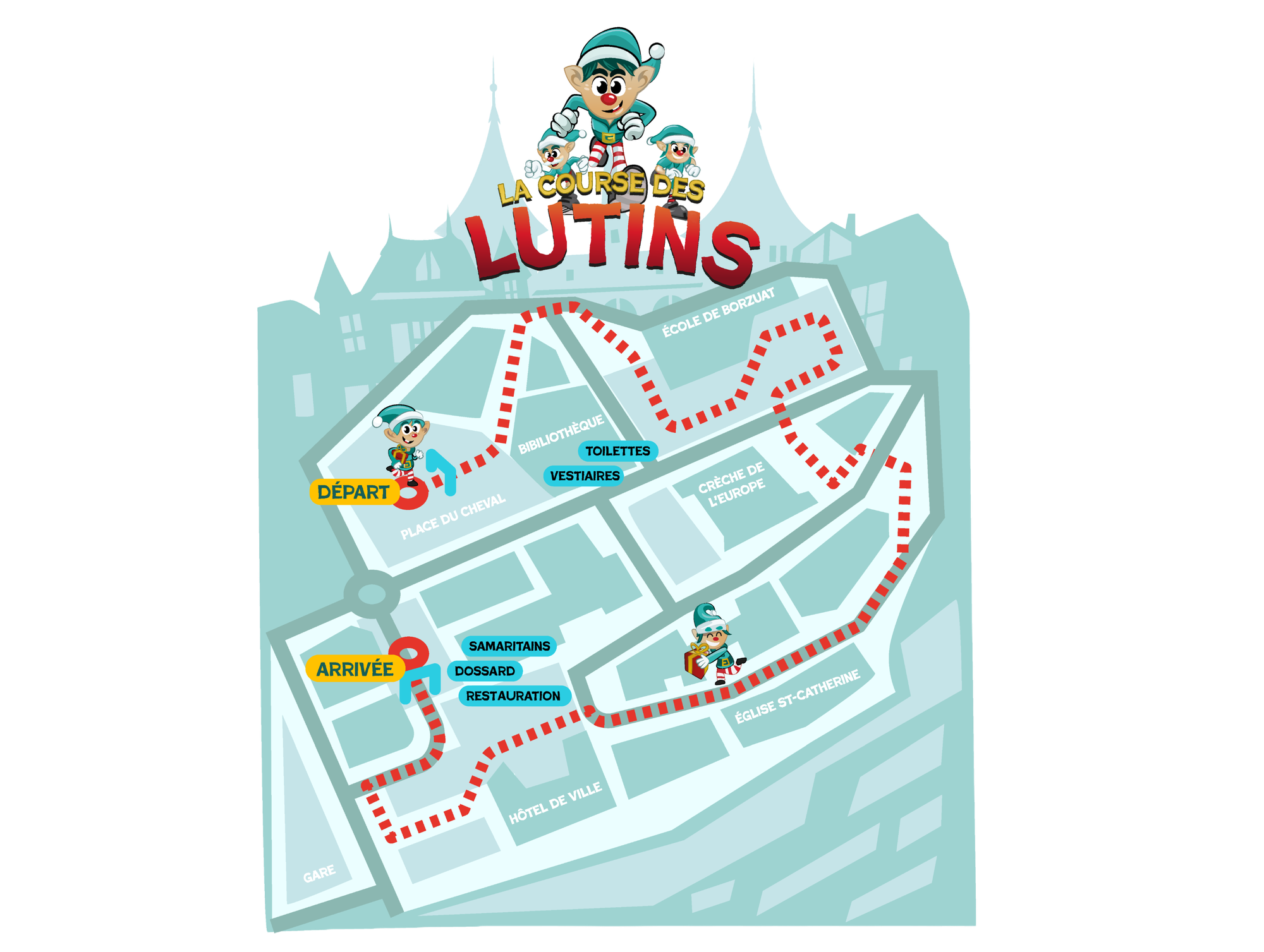 Illustrierter Plan des Parcours der Course des Lutins rund um die Place de l’Hôtel de Ville